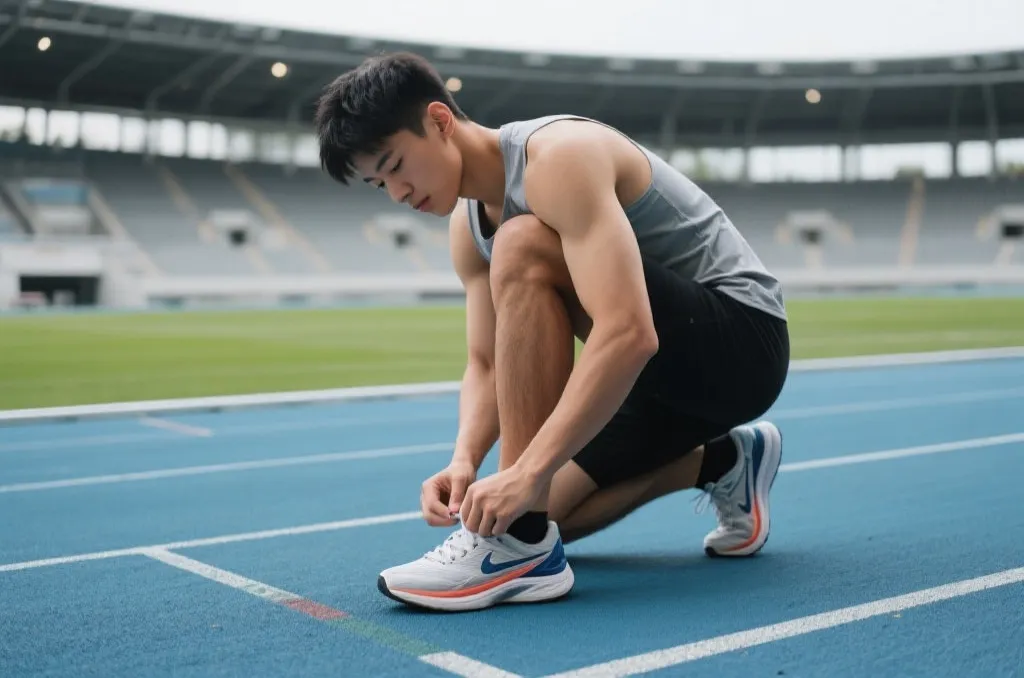 一位穿著運動服裝的無名運動員在現代體育場跑道上繫鞋帶,展現專注、準備與決心,象徵基層體育的培育與希望。